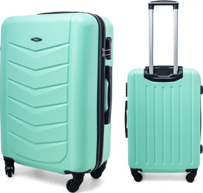 Two mint green suitcases on a white background. One is standing upright with its handle extended, and the other is shown from the side.