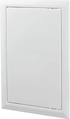 A white access door with a small circular logo in the center.