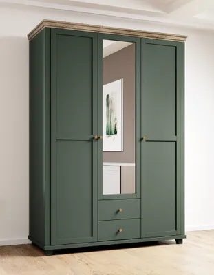 A three-door wardrobe with a mirror in the center, set against a plain wall.