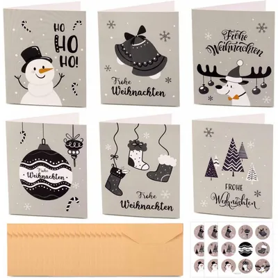 Productafbeelding van Kerstkaarten set met 24 kaarten, inclusief enveloppen en stickers, met 6 verschillende designs. Uitklapkaarten voor kerstgroeten