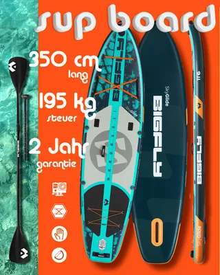 Produktbild von Ultraleichtes & stabiles Yoga Sup 350cm für 1 oder 2 Personen von BigFly — SkyGlide Stand Up Paddle Board inkl. 1 zusätzliches Paddelblatt, Rucksack