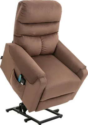 Produktbild von HOMCOM Fernsehsessel mit Massagefunktion Aufstehhilfe Fernbedienung Heizung elektrisch Liegefunktion Polyester-Gewebe Metall Hellbraun 83x 93 x 110 cm