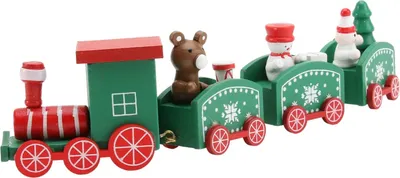 A wooden Christmas train decoration with various figures.