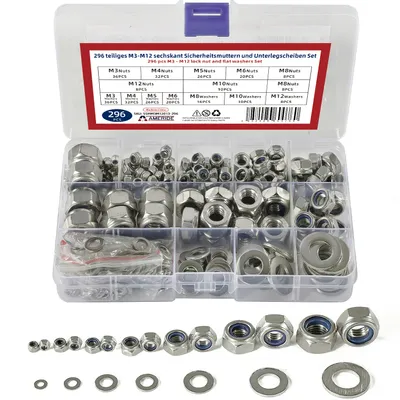 Produktbild von 296 Stück M3-12 Sechskant Muttern und Unterlegscheiben Edelstahl Schrauben Set Silber