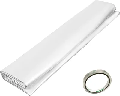 A roll of white greenhouse film and a roll of tape on a white background.