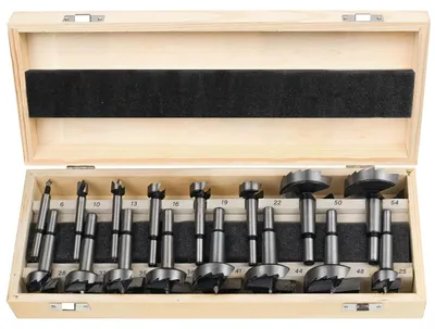 Produktbild von Forstnerbohrer Set 16tlg für Holz Ø6-54mm mit Rundschaft im Holzkasten