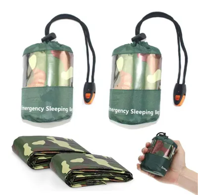 Produktbild von Notfallschlafsäcke 2er-Pack wasserdichte Thermodecke leichte Rettungssack Camping Wandern Outdoor Notfall Ausrüstung PET Tarnmuster 1,2 m 115 g