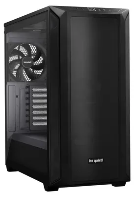 A black computer case is shown from a three-quarter angle.
