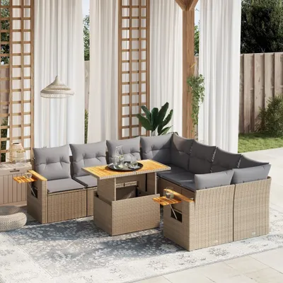 Produktbild von Design 9-tlg. Garten-Sofagarnitur mit Kissen Beige Poly Rattan, Gartenmöbel-Sets 2024 Neu
