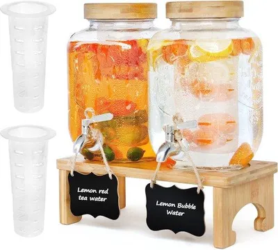 Produktbild von Gläserner 2-fach-4-Liter-Drinkspender mit Edelstahl-Sprudler für Saft, Wasser und selbstgemachte Getränke - ideal für Feiern und Hochzeiten