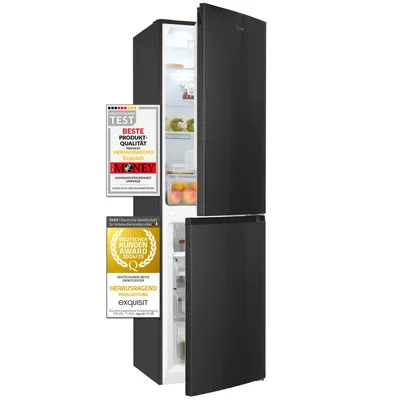 A black refrigerator with its doors open, displaying food items inside. Two award badges are attached to the front of the refrigerator.