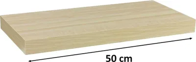 A light wood shelf with a measurement line indicating 50 cm.