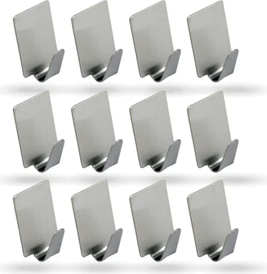 Produktbild von Selbstklebende Wandhaken ( Rechteckig - 12er Set ) Silber aus Edelstahl für Badezimmer, Schlafzimmer, Wand, Rostfrei Aufhänger Bilderhaken ohne Bohren