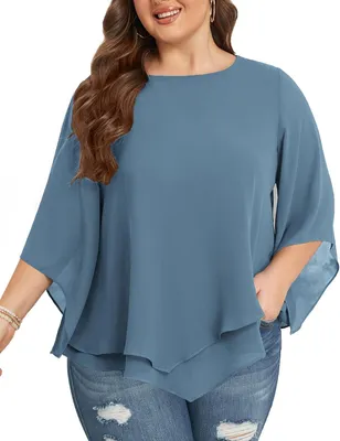 Productafbeelding van Dames chiffonblouse in grote maat met 3/4-mouwen en ronde hals, dubbellaags en luchtig