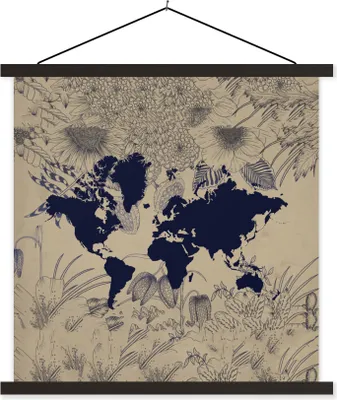 Produktbild von MuchoWow® Textilposter Weltkarte - Pflanzen - Lila 90x90 cm mit schwarzem Rahmen - Magnetisches