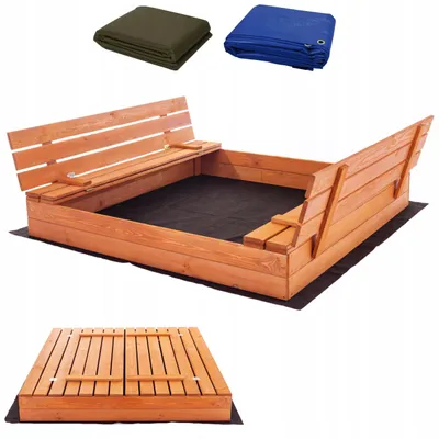 Productafbeelding van Zandbak met deksel en bankjes 120x120 cm – houten zandbak met afdekzeil