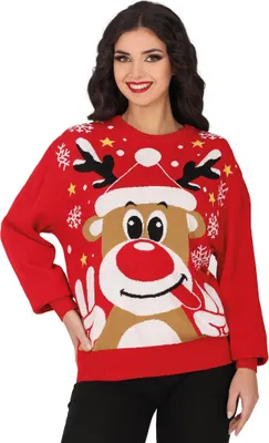 Weihnachtspullover Rot mit Rentier-Motiv von Vorne