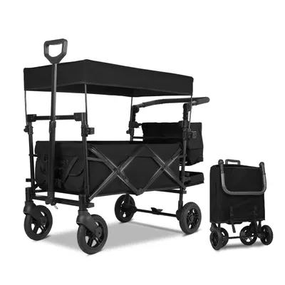 Produktbild von SachsenRAD Faltbarer Bollerwagen mit Dach und Sitz, Tragkraft von bis zu 150 kg, Bollerwagen für 2 Kinder, mit 3-Punkt Gurtsystem, Schwarz