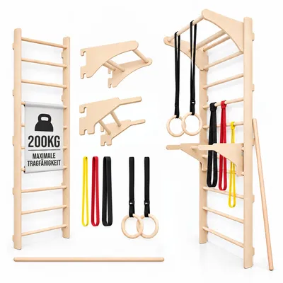 Produktbild von MAMOI® Fitness-Sprossenwand mit Klimmgriff, Ringo, Dip-Barren, Widerstandsbändern und Dehnstab; Ganzkörpertraining zu Hause