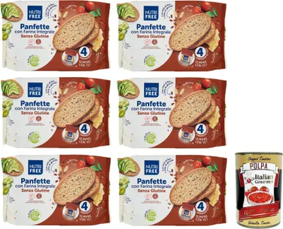 Produktbild von 6x Nutrifree Panfette con Farina Integrale,Glutenfreies Brot mit Vollkorn-Buchweizenmehl,Packung mit 340g + Italian Gourmet Polpa di Pomodoro 400g Dose