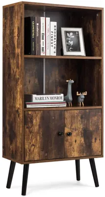 Produktbild von GOPLUS Bücherregal mit 3 Ablage und Doppeltüren, Standregal, freistehender Schrank, Dekoregal, Ausstellungsregal, Aktenregal, Raumteiler für Wohnzimemr, Büro, vintagebraun