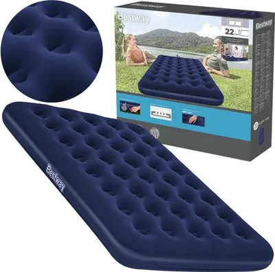 A product shot of a blue inflatable mattress and its packaging, which shows two people relaxing outdoors on a similar mattress.