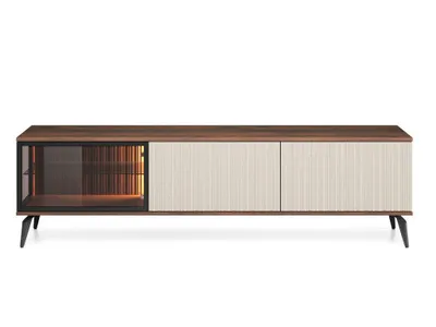 Produktbild von TV Lowboard – TV Schrank mit Türen – TV Schrank – Fernsehtisch – VICI – RTV-180 – Kaschmir / Walnuss – Modernes Design mit LED-Beleuchtung