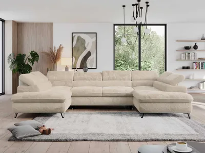 Produktbild von Wohnzimmersofa mit Schlaffunktion, U-form, verstellbare Kopfstützen, Bettkasten - PEDRO U - Plüsch - Creme