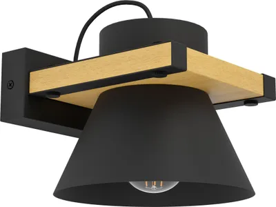 Produktbild von EGLO Wandlampe Maccles, Wandleuchte für innen, FSC100HB, Flurlampe aus schwarzem Metall und natürlichem Holz, Lampe für Wand und Decke, E27 Fassung