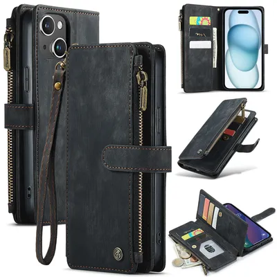 Obrázek produktu pro Kůže pouzdro pro iPhone 15,PolyuretanKožené Pouzdro na Zip, Magnetické Uzavírání, Kapsa na Karty, Stojánek, Peněženka pouzdro černé