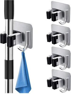 Produktbild von 4-teiliger Wandbesenhalter, Wandbesenhalter ohne Bohren, selbstklebender Wandbesenhalter aus Edelstahl, Küche