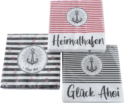 Produktbild von 3 x 20 Servietten 'Anker - Heimathafen / Glück Ahoi' Maritime Papierservietten - 3-lagig 33 x 33 cm