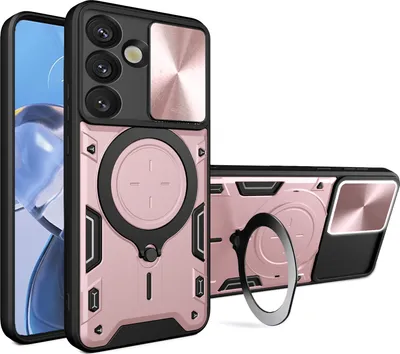 Produktbild von Handyhülle für Samsung Galaxy S25 Dual-Layer Stoßfest Rüstung Hülle mit Dia Kameraschutz und Kreisförmig Ring Ständer Roségold