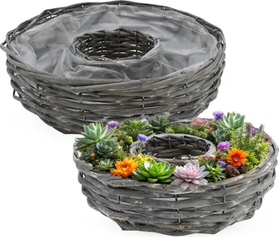 Produktbild von 3.06 Pflanzring mit Folie ausgekleidet aus Rattan im 2er Set - ca. Ø 30 + 25 cm - Pflanzschale Ring zum bepflanzen (grau)