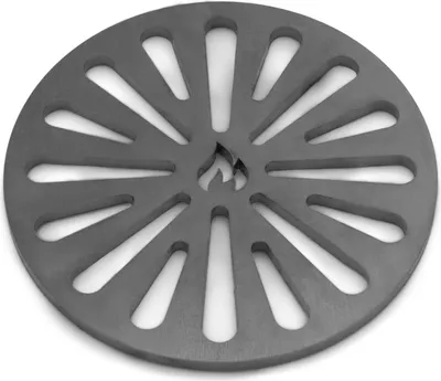 A round, gray metal grate with a flame symbol in the center and radiating slots.