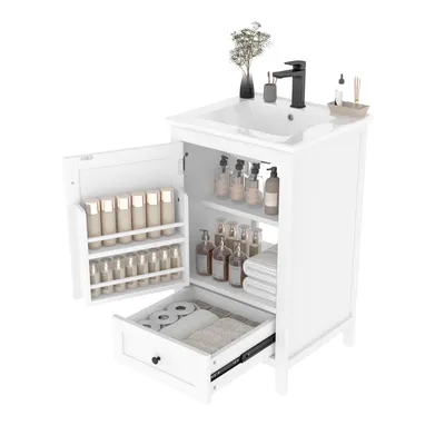 Immagine prodotto di Mobile da bagno a terra con lavabo, verniciatura completa, ripiano portaoggetti, cassetto silenzioso di grande capienza, ripiano regolabile, bianco, 46 cm, 85 cm, Vetroceramica + MDF