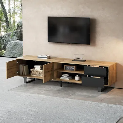 Produktbild von TV-Schrank mit Zwei Schubladen und Metallbeinen TV-Tisch TV-Ständer TV Board für 75-Zoll-Fernseher 180x40x50cm Naturholz + Schwarz