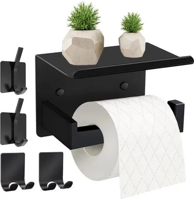 Immagine prodotto di Set da bagno autoadesivo a 5 pezzi per porta carta igienica con ripiano e 4 ganci – acciaio inossidabile SUS304, nero, porta rotolo di carta igienica 140x100x93 mm