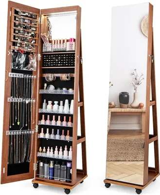 Produktbild von GOPLUS Schmuckschrank mit Ganzkörperspiegel, Spiegelschrank Schmuck mit Beleuchtung & Ablage, Schmuckaufbewahrung mit Rollen, abschließbarer Schmuck-Organizer für Schlafzimmer, Ankleideraum (Braun)
