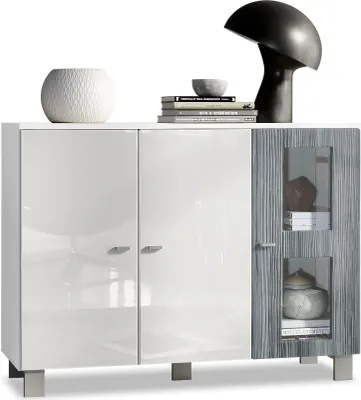 Produktbild von Vladon Sideboard Denjo,  Germany, Kommode mit 3 Türen, Weiß matt/Weiß Hochglanz/Avola-Anthrazit (107 x 81 x 35 cm)