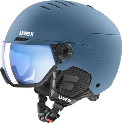 A blue ski helmet with a visor, shown from a side-diagonal angle against a white background.