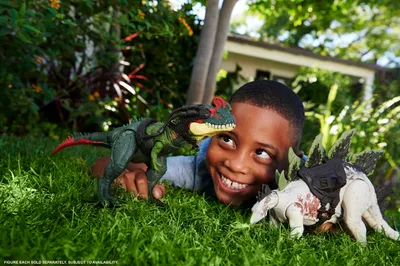 A young boy is playing with dinosaur toys in the grass in front of a house.