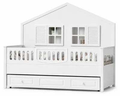 Productafbeelding van Witte kinderbed in een huisontwerp, met opbergruimte en speelse ramen