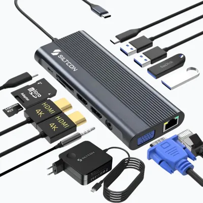 Productafbeelding van Siltcon® 13 in 1 USB C Hub - Docking Station Laptop - 2x HDMI 4K – 1x VGA – RJ45 Gigabit - 4x USB-A - 2x USB-C - TF - Incl. 100W USB-C Oplader 15 tot 100W - 45W, 65W, 87W & 100W – Geschikt voor o.a. Windows Laptops, Tablets, Telefoons - Spacegrey