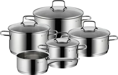A set of stainless steel pots and pans with glass lids, arranged on a white background.