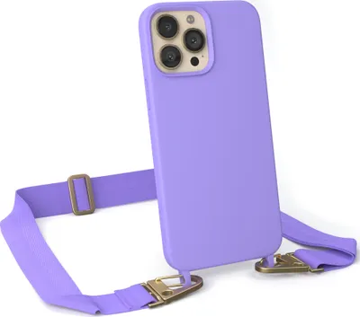Produktbild von EAZY CASE Handykette Silikon mit Clips 2 in 1 kompatibel mit Apple iPhone 13 Pro Max Handyhülle mit Kordel, Hülle mit Band, Kette, Lila - Clips Gold