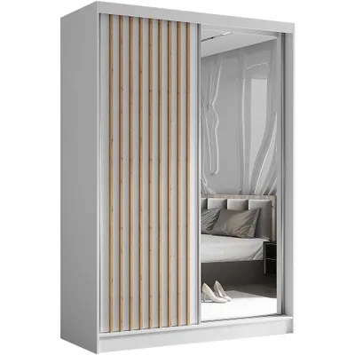 Obrázek produktu pro BEAUTYSOFA Moderní šatní skříň s lamelami a zásuvkami HELIX 120 cm - Šatní skříň, skříň s posuvnými dveřmi a zrcadlem (bílá + Artisan)