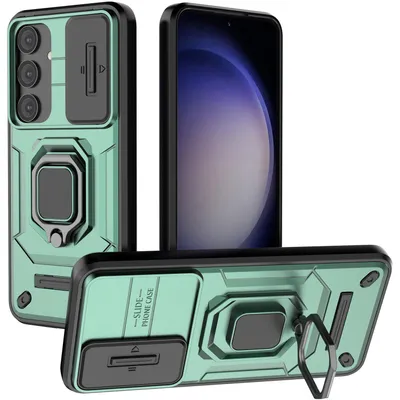 Produktbild von Hülle für Samsung Galaxy S25 Dual Layer Handyhülle Schiebe Kamera Schutz und Ringhalter Ständer Grün
