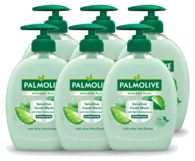 Imagen del producto de 6 unidades de jabón líquido para manos Palmolive Hygiene Plus Sensitive, con aloe vera, de 300 ml cada uno. Paquete económico