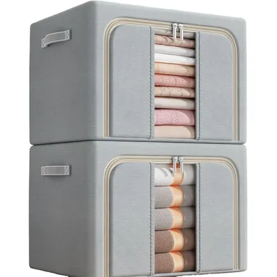 Produktbild von 2er-Set Aufbewahrungsbox aus Oxford-Gewebe, wasserdicht, Faltbare, 100L, Fächer, für Kleidung & Schrank, Mit einem Sichtfenster, Hellgrau